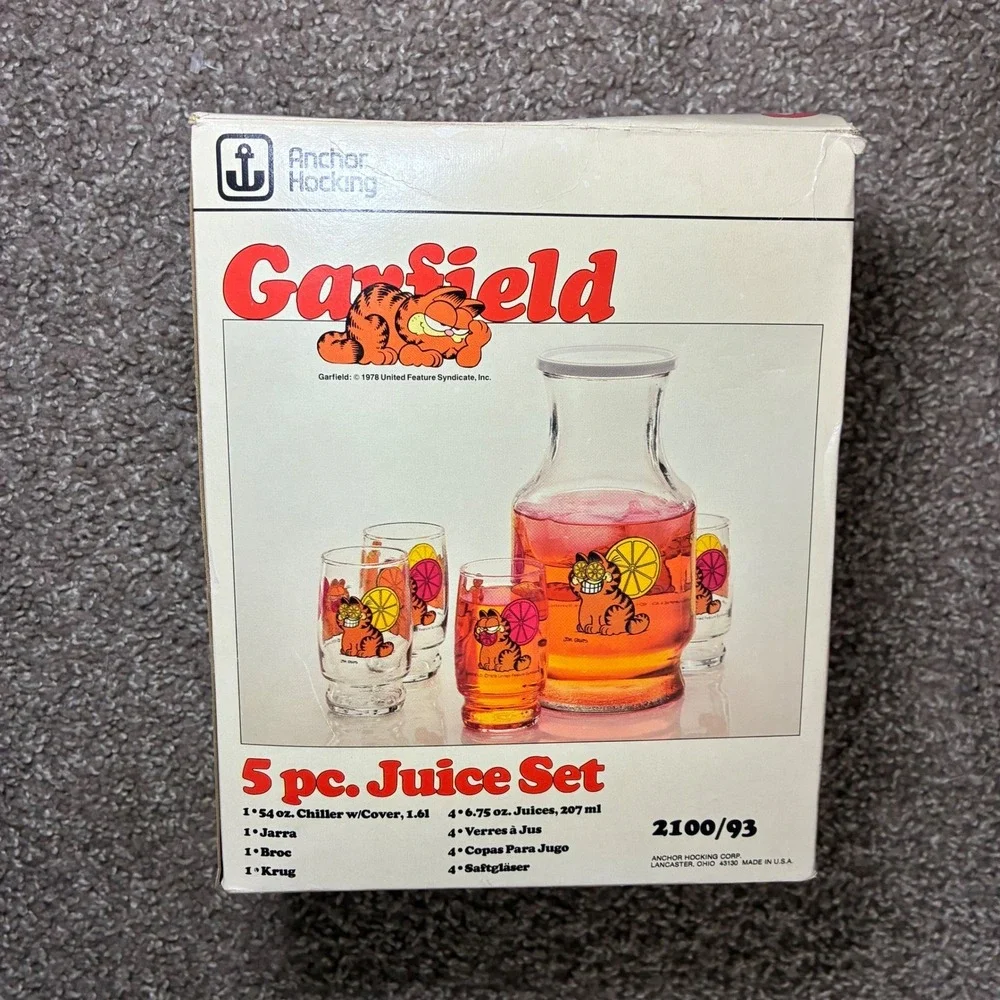 Vintage Anchor Hocking Garfield Juice Set 1978 Glass Carafe Glasses Cup 5 Pc Set